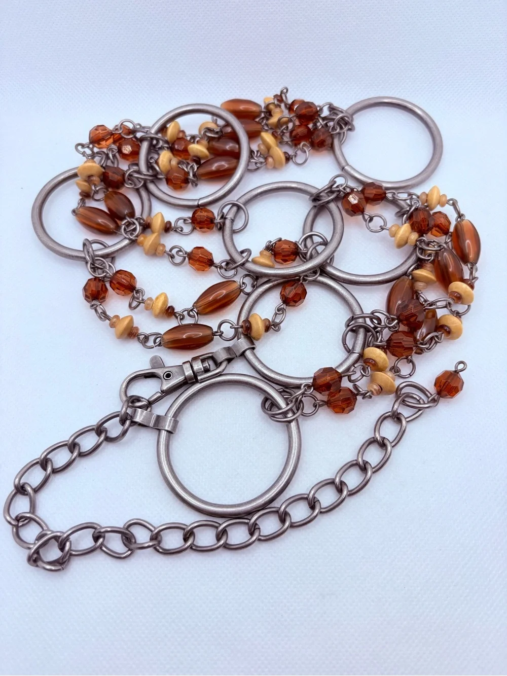Vintage Beaded Chain Belt Antiqued Silvertone Amber Tan  Adjustable Max 48-56”